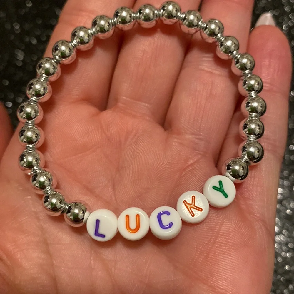 Kids faux silver beaded stretch lucky bracelet